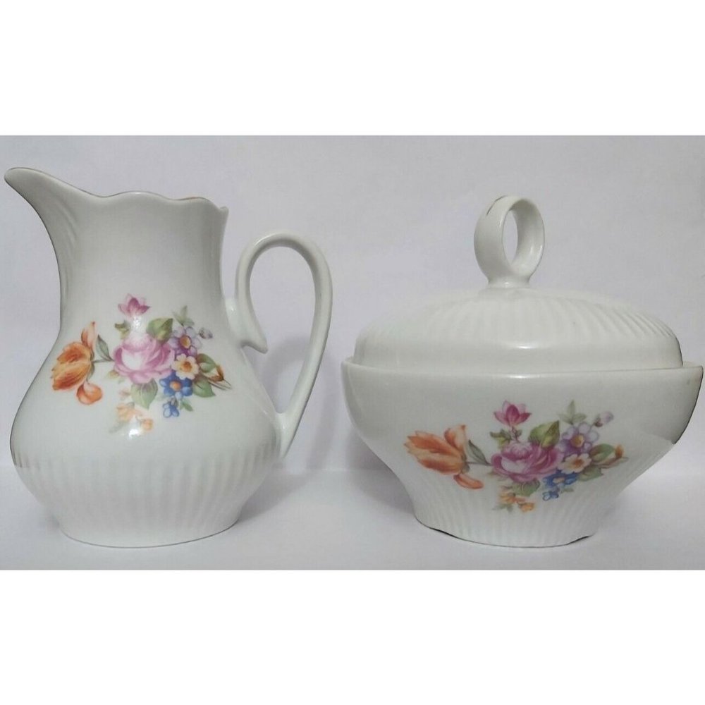 Vintage Cream and Sugar Set made in Romania, floral, gold trimmed, Excellent...